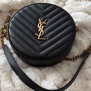 Yves Saint Laurent Black Quilted Round Crossbody with Gold Logo